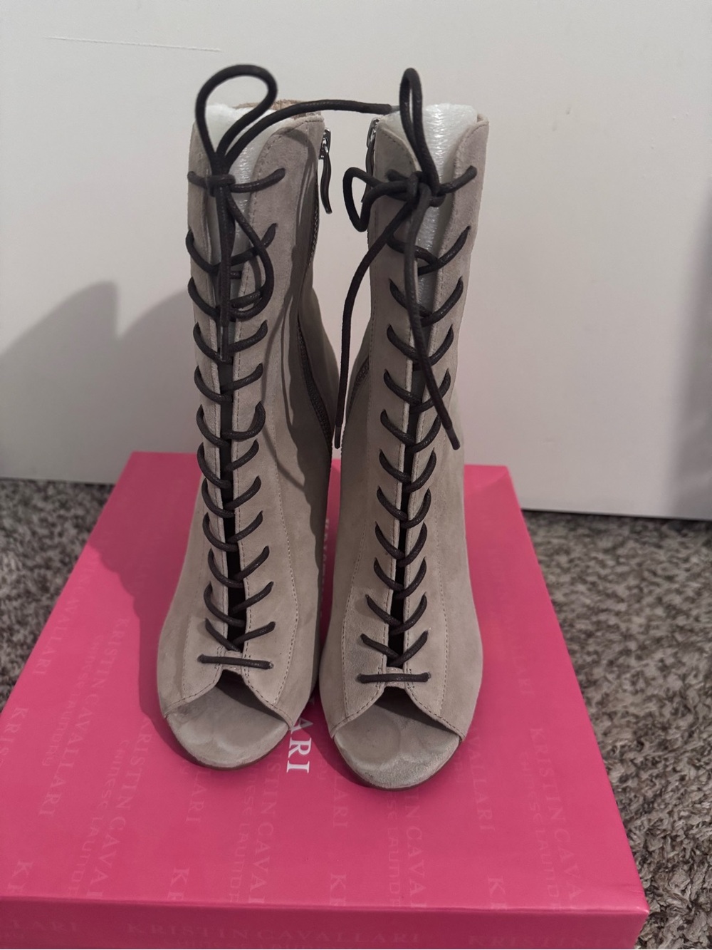 Chinese Laundry Taupe Lace-Up Peep Toe Heeled Boots